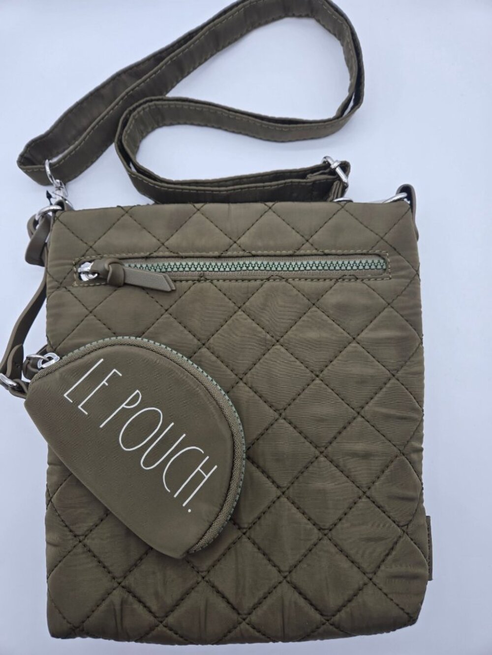 Rae Dunn Olive Quilted Nylon Crossbody Bag with Le Pouch Coin Purse EUC